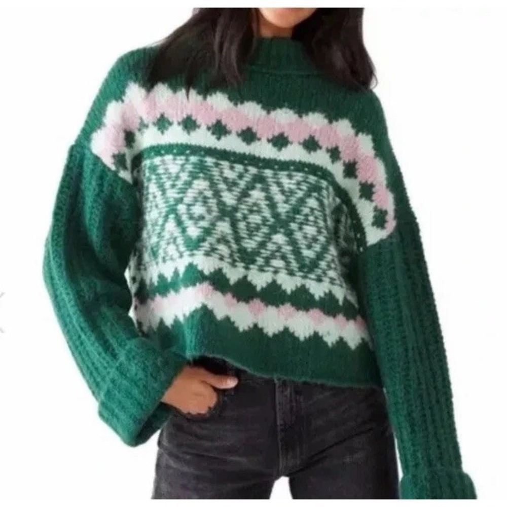 NEW Free People Women's Mock Neck Crop Spearmint Pine Alpine Pullover Sweater XL